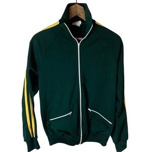 Sears Put On Shop Vintage Zip Front Track Jacket Green Yellow Stripes 1970’s